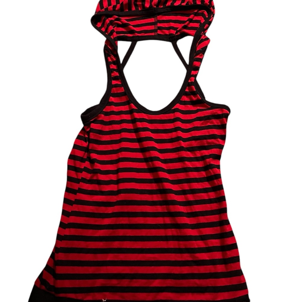 Y2K red and black striped hooded tank top